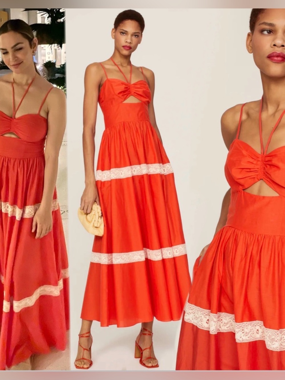 Jason Wu Lace Detail Dress size 4 Red Spaghetti Strap Maxi Dress with Lace Trim.
